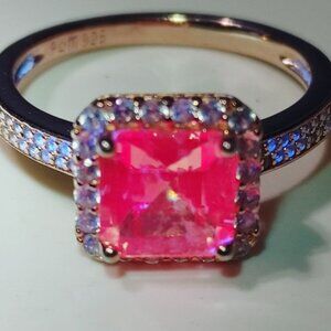 Halo Pink Glow Stone Silver Ring Size 7 Cushion Cut Rose Gold HGE 925 Sterling